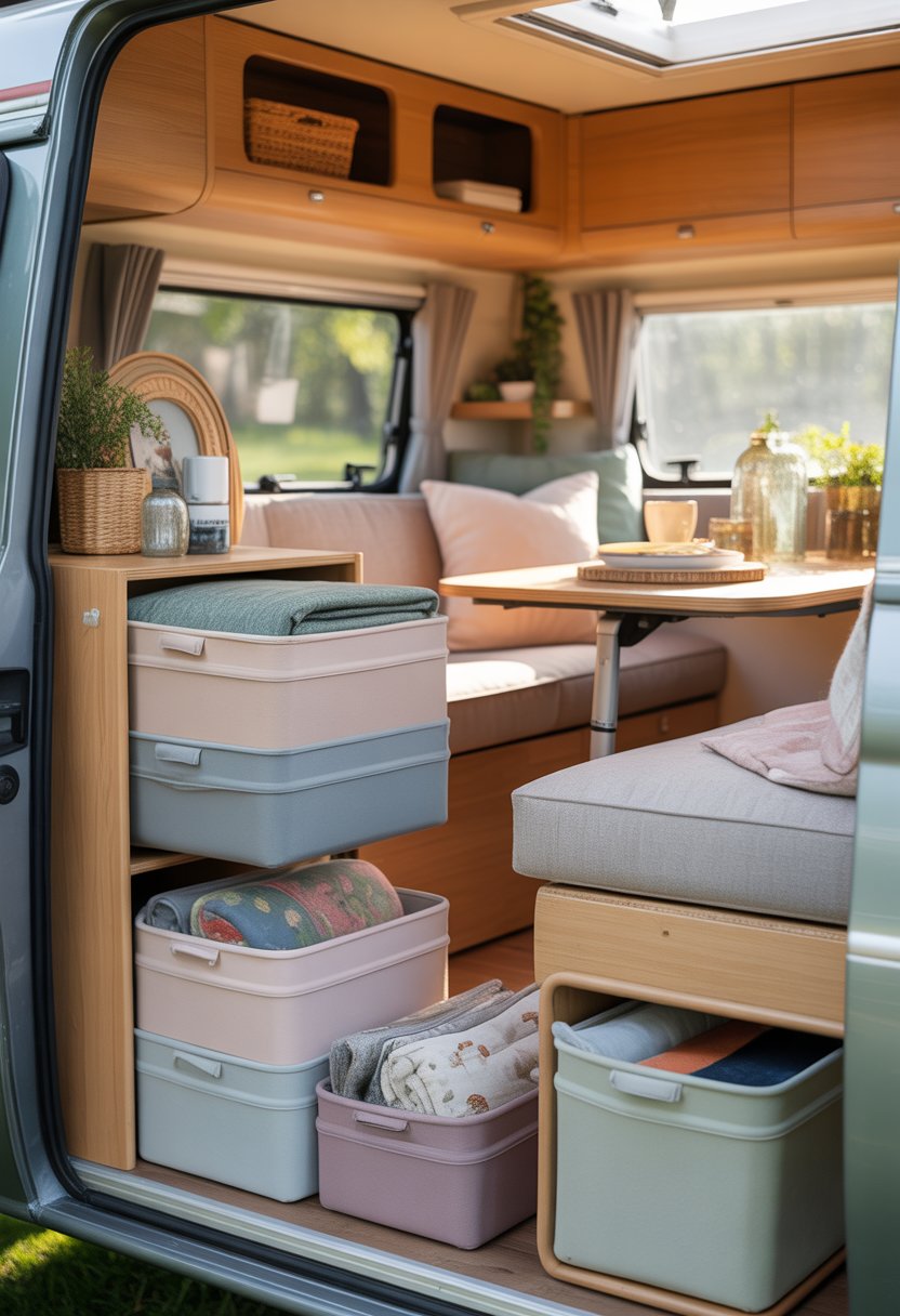 Interior of a small camper showing foldable collapsible storage bins neatly organized on shelves and under seating, with camping gear and household items inside.