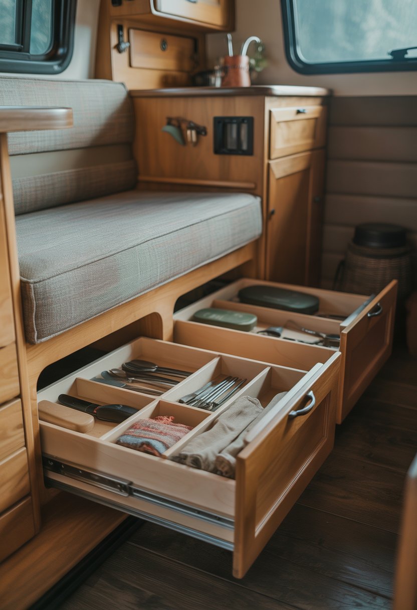 Under-bench pull-out drawers open beneath a bench seat inside a small camper, showing organized storage compartments with camping items.