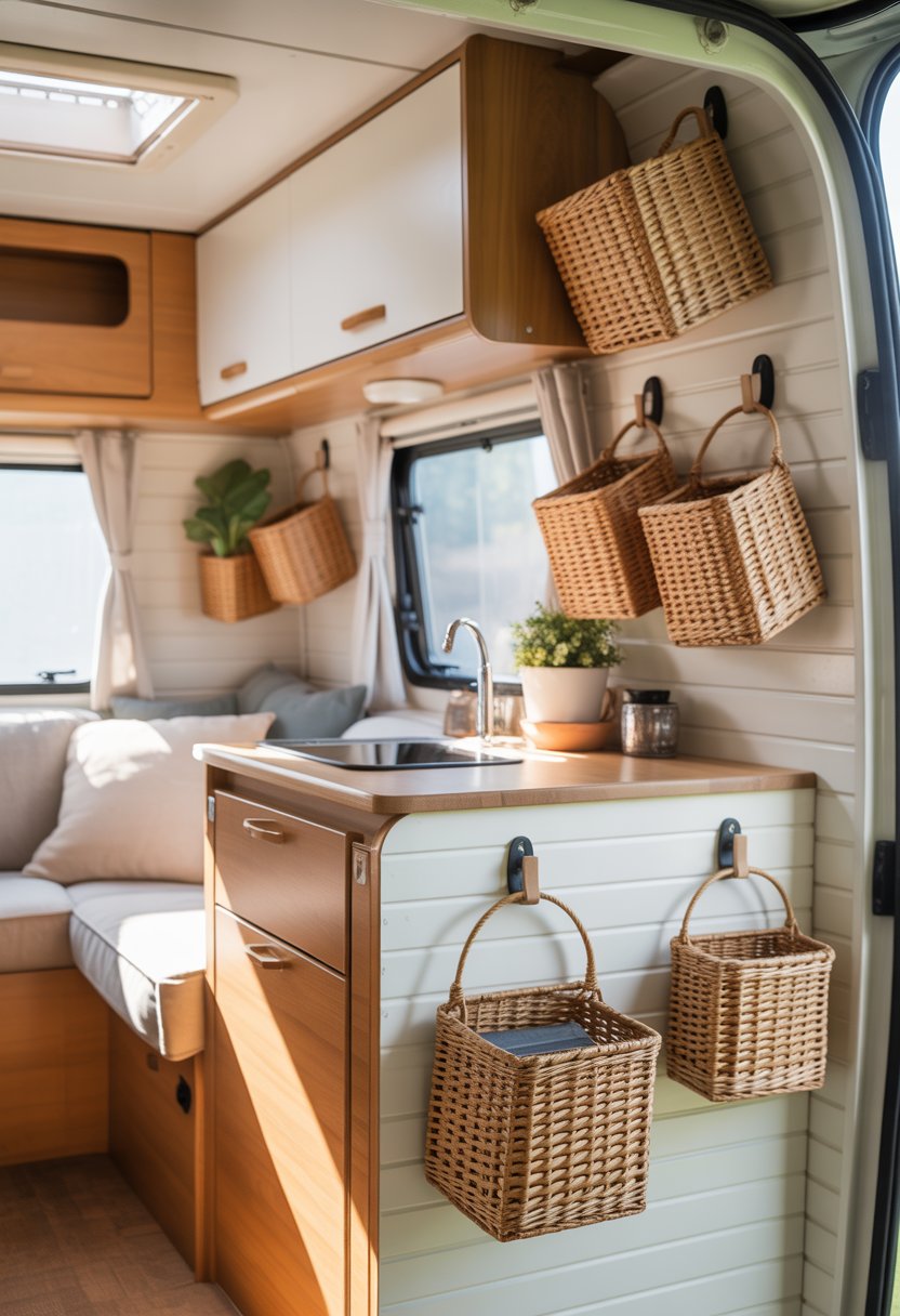 Interior of a small camper with hanging baskets on hooks used for organized storage of household items.