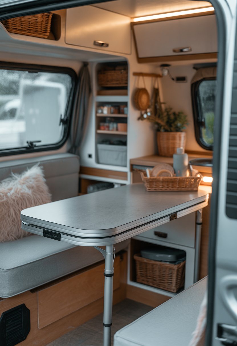 Interior of a small camper with a fold-down table set up and organized storage around it.