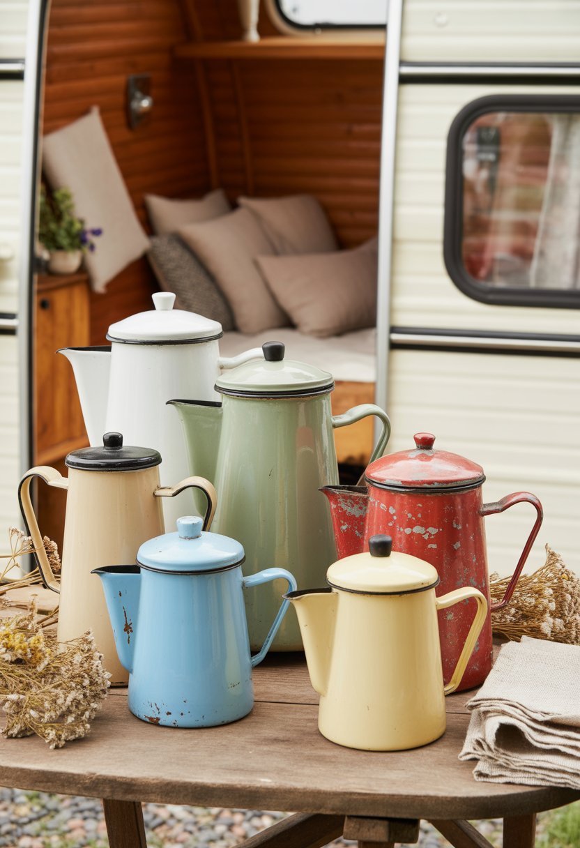 A collection of vintage enamel coffee pots displayed on a wooden table with soft natural light and dried flowers nearby.