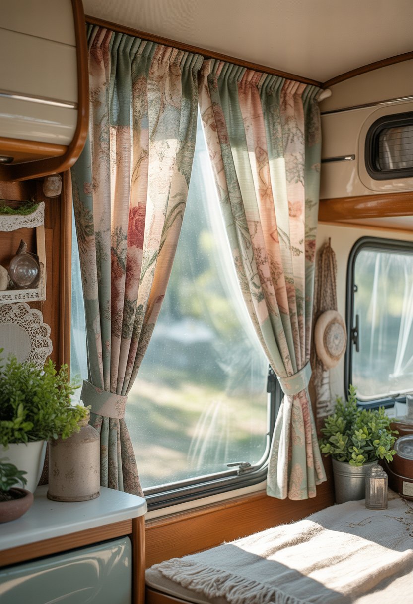 Interior of a camper with floral curtains hanging by a window, sunlight coming through, and rustic decor around.