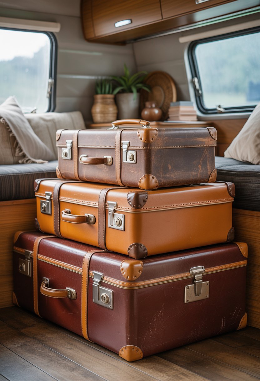 Stacked vintage leather suitcases used as storage inside a camper with natural light and decorative items around them.