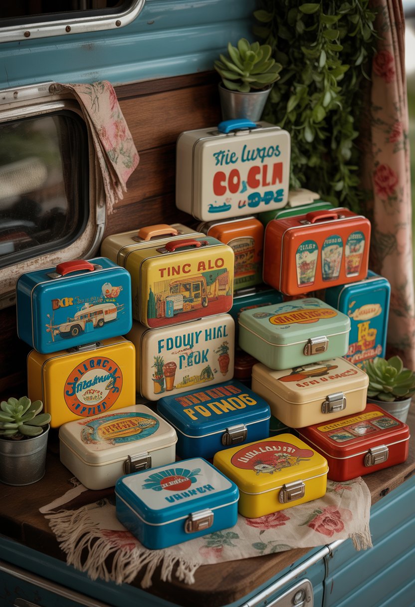 A collection of vintage tin lunch boxes arranged on a wooden surface with small plants and rustic decor around them.