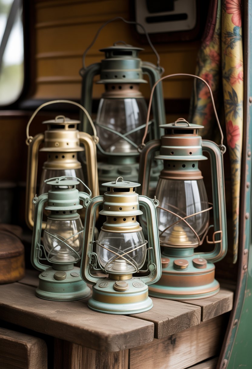 A group of vintage brass lanterns with a weathered finish arranged on a wooden surface, surrounded by rustic camper decor elements.