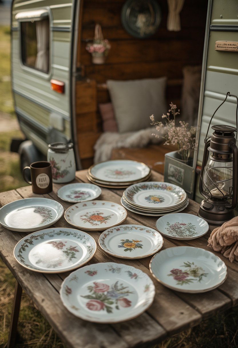 A collection of hand-painted porcelain plates with floral designs displayed on a wooden table surrounded by vintage camping items.