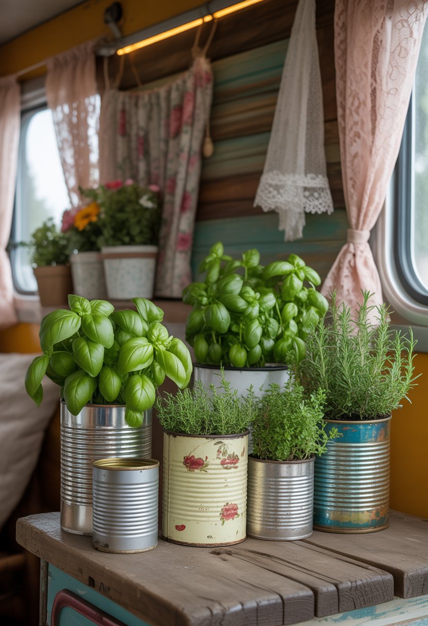 A rustic wooden table holding several vintage tin cans filled with fresh green herbs, set inside a camper with soft natural light and decorative elements in the background.