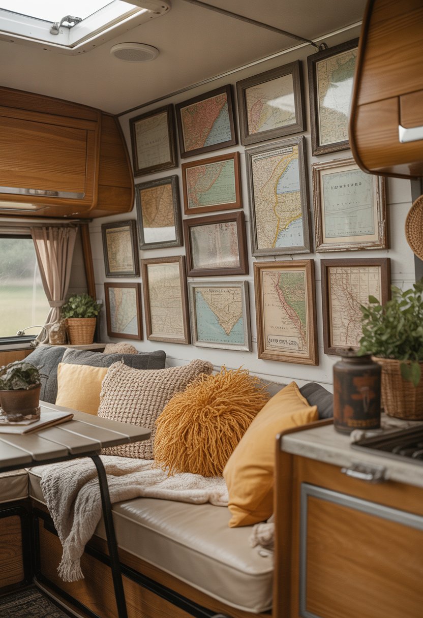 Interior of a camper decorated with framed vintage road maps on the wall, cozy seating, and rustic decor.