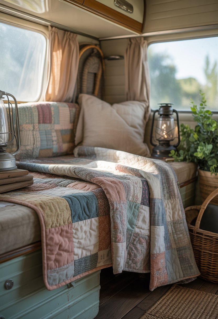 Interior of a vintage camper with layered faded patchwork quilts on a wooden bench, soft natural light, and rustic camping accessories.