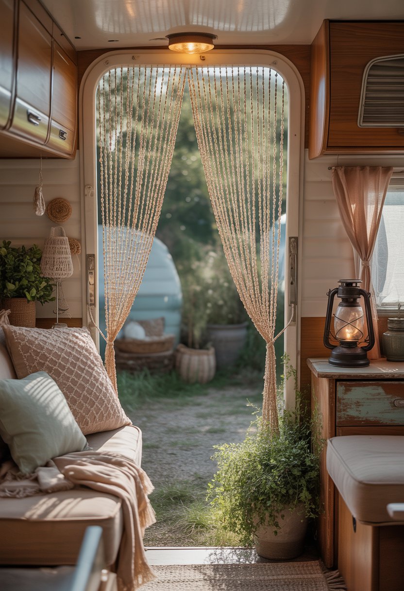 Interior of a camper with beaded string curtains hanging in a doorway and vintage decor around.