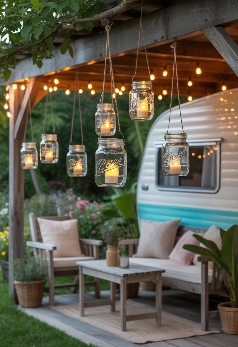 Outdoor patio with vintage mason jar lanterns hanging and glowing softly, surrounded by wooden furniture and plants.