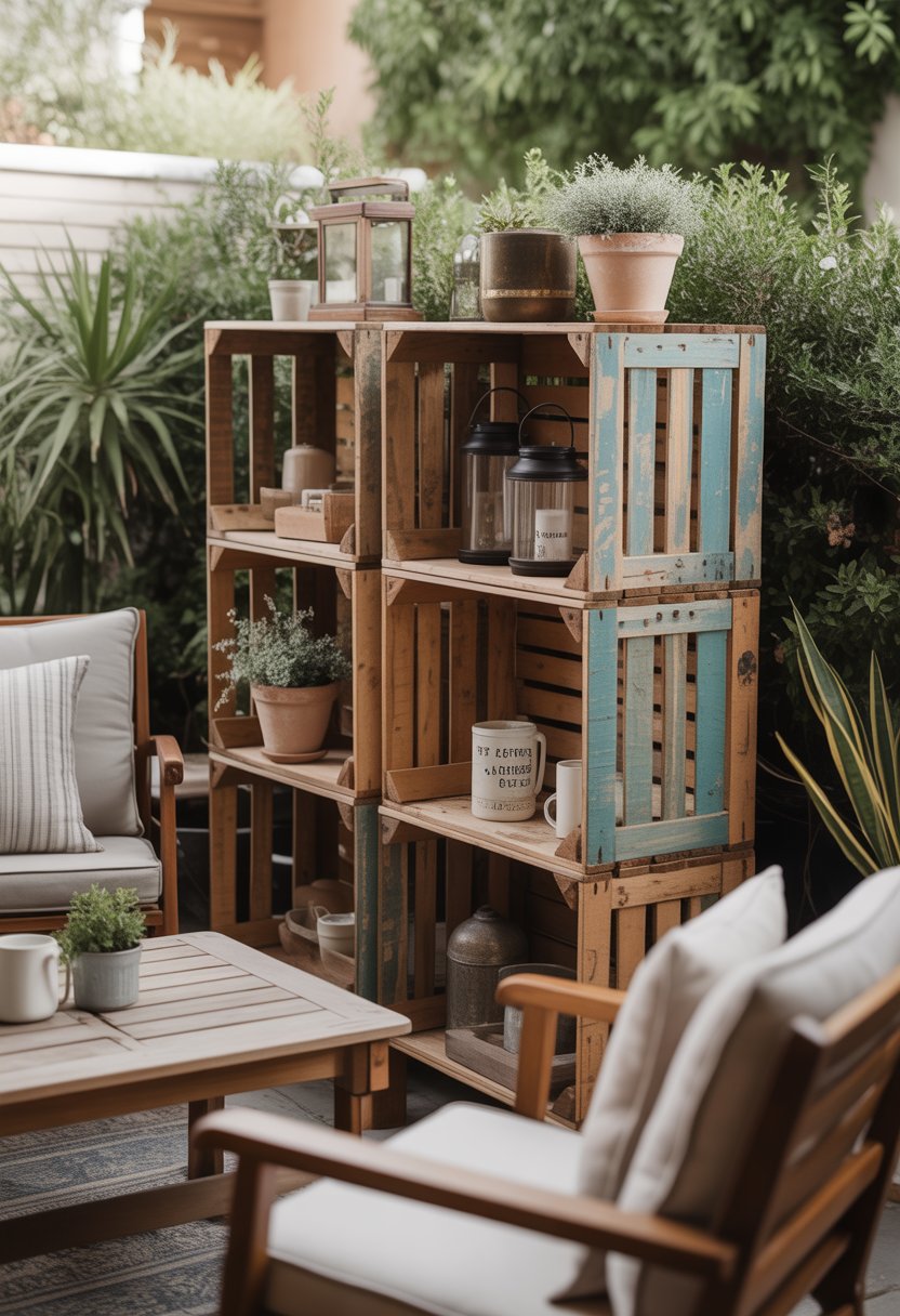 Outdoor patio with wooden crate shelves holding plants and decor, surrounded by seating and greenery.