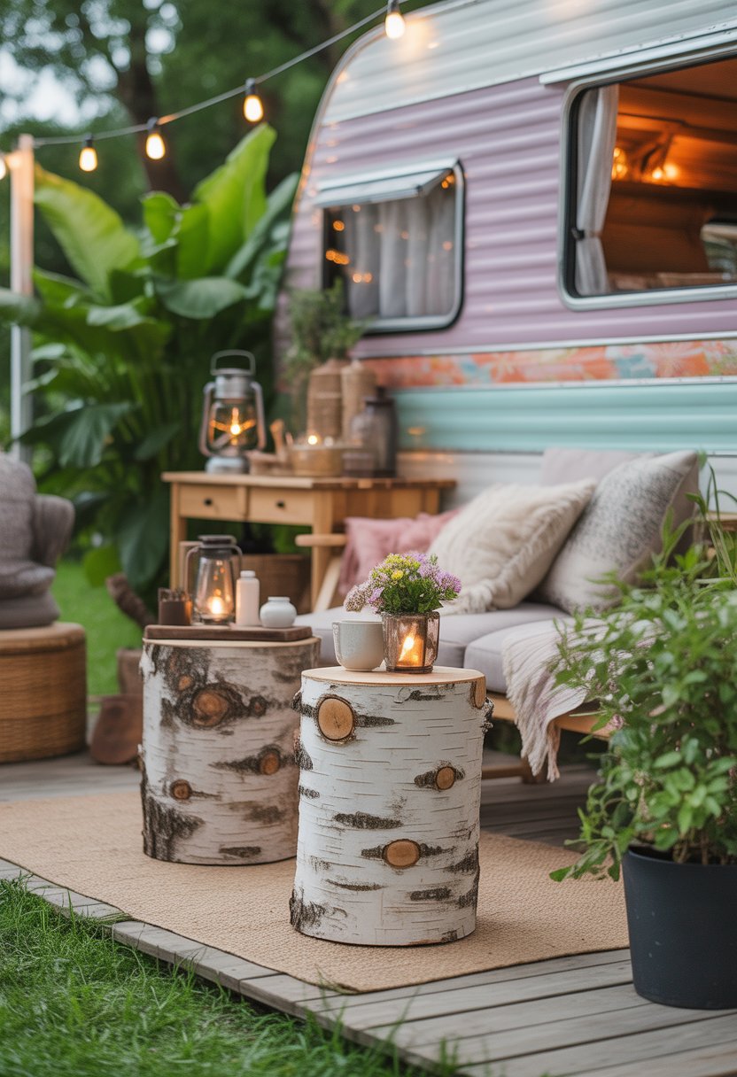 Outdoor patio with birch log side tables next to seating and plants near a camper.