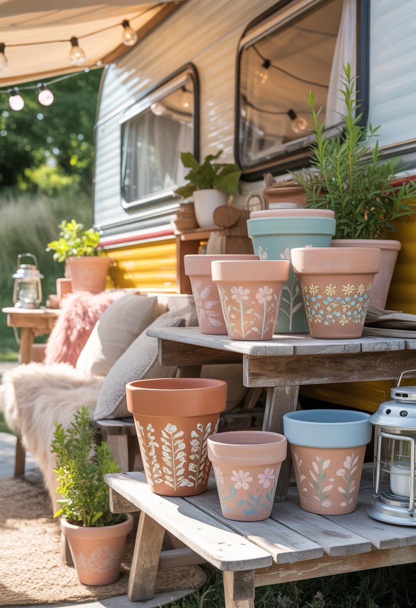 Outdoor patio with hand-painted terra cotta pots arranged on wooden shelves and tables, surrounded by plants and decorative elements.