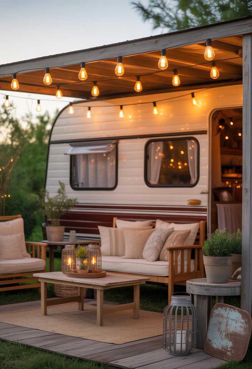 Outdoor patio area with string lights hanging above rustic wooden furniture and plants.