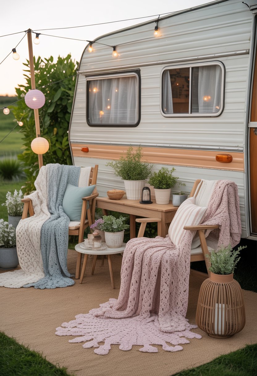 Outdoor patio area next to a vintage camper with crochet throw blankets on chairs and plants around.