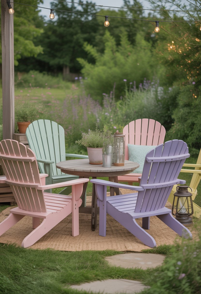 Outdoor patio with pastel-colored Adirondack chairs arranged around a wooden table surrounded by greenery and decorative plants.