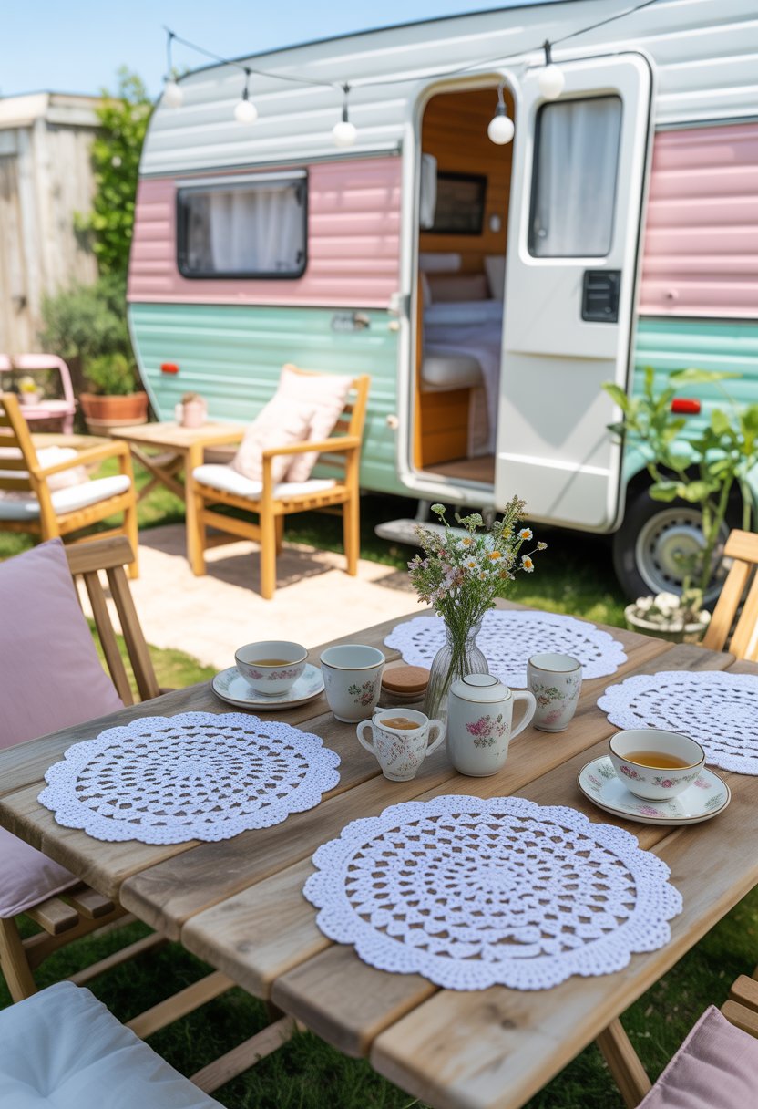 Outdoor patio with a wooden table covered by white crocheted doilies, surrounded by chairs and a pastel camper in the background with plants and string lights.