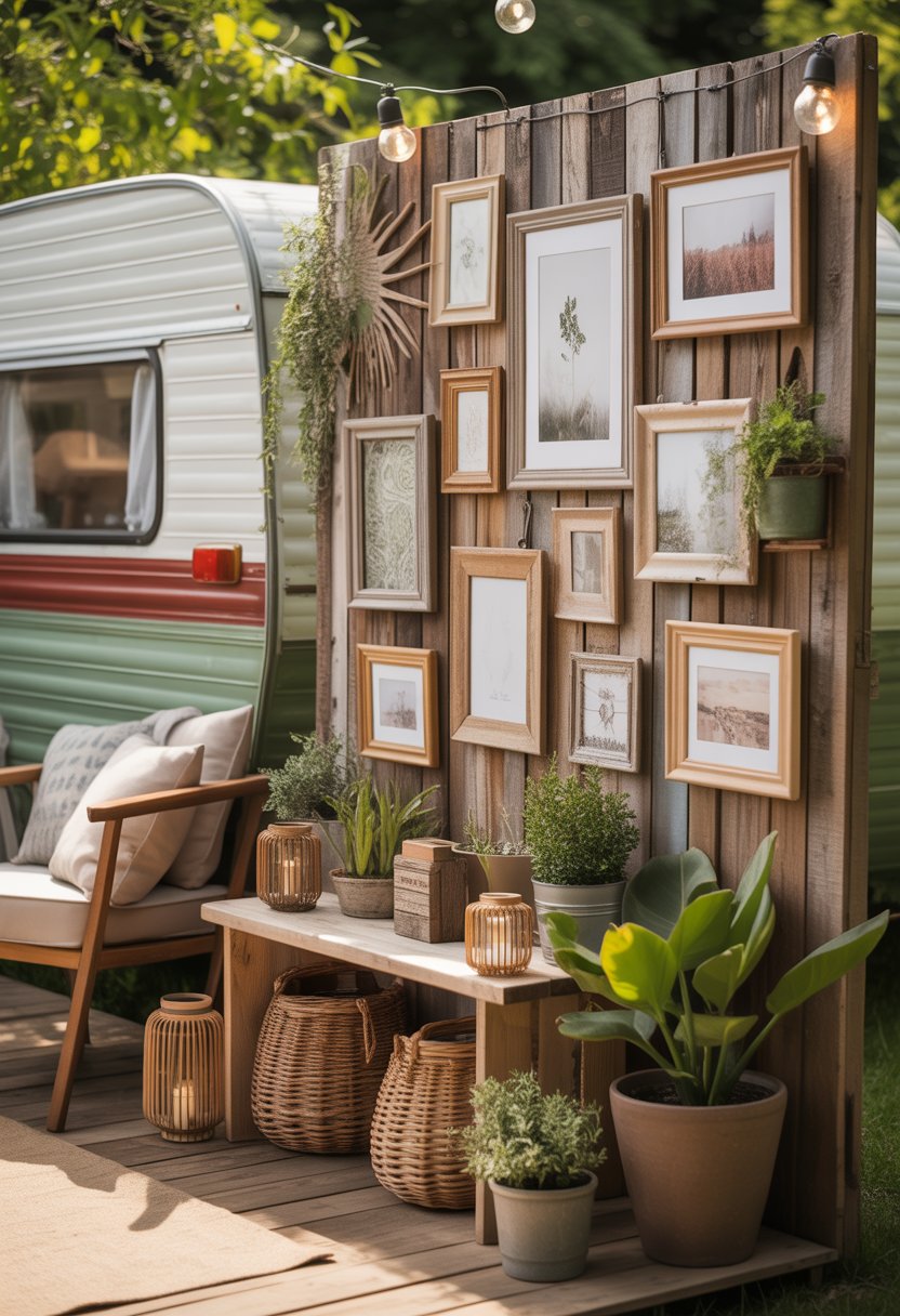Outdoor patio area next to a vintage camper with wooden picture frames on a rustic wall, surrounded by plants and seating.