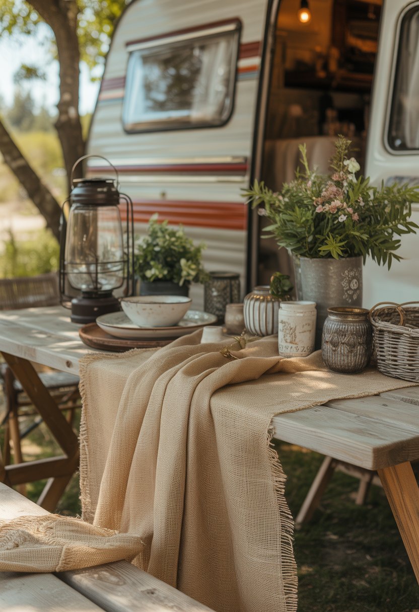 Outdoor wooden table with a burlap table runner, decorated with plants, lanterns, and rustic dishes on a camper patio.