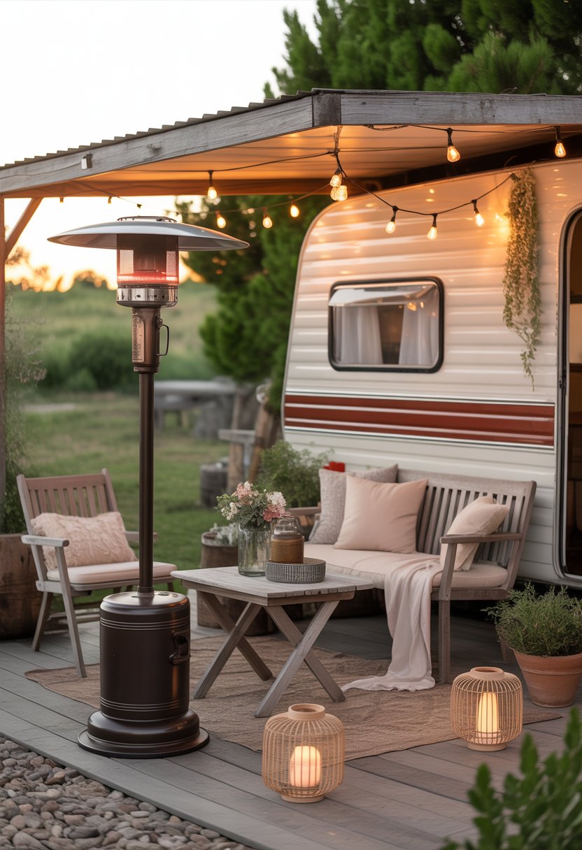 Outdoor patio with a vintage patio heater, wooden furniture, plants, and soft lighting near a camper.