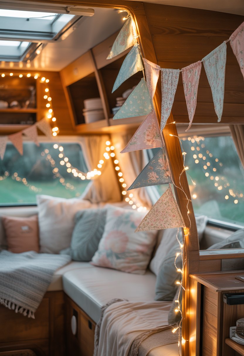 Interior of a cozy camper decorated with twinkling fairy lights and pastel-colored bunting flags, featuring rustic wooden furniture and soft cushions.