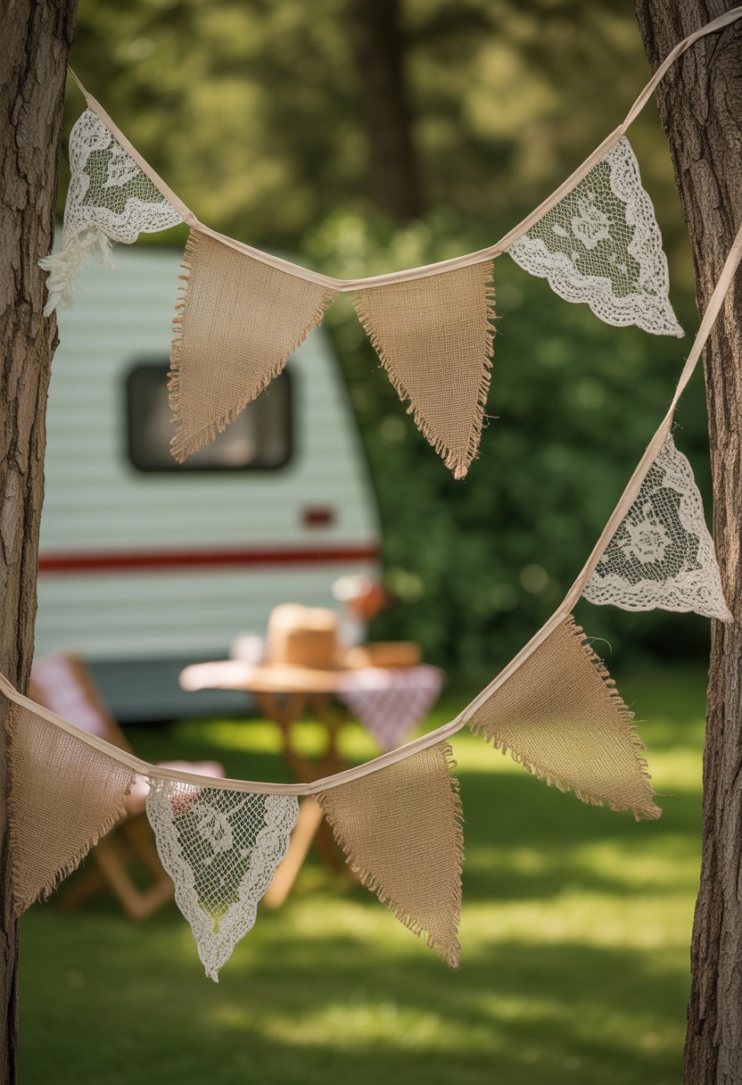 Outdoor scene showing a lace and burlap bunting hanging between trees with greenery and a camper setup in the background.