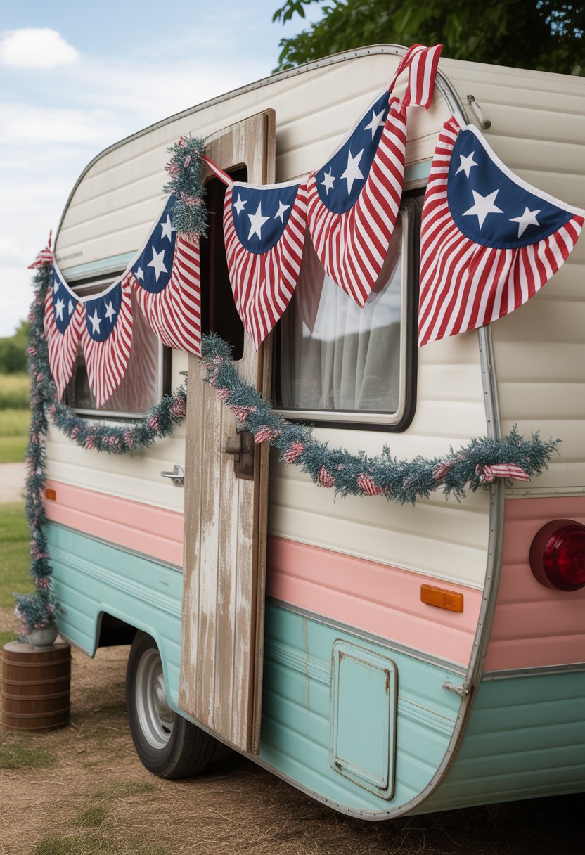 A vintage camper decorated with red, white, and blue star-spangled bunting and garlands in an outdoor setting.