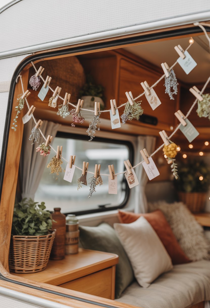 A miniature wooden clip garland hanging inside a camper, with small wooden clips holding dried flowers and fabric pieces against a wooden background.
