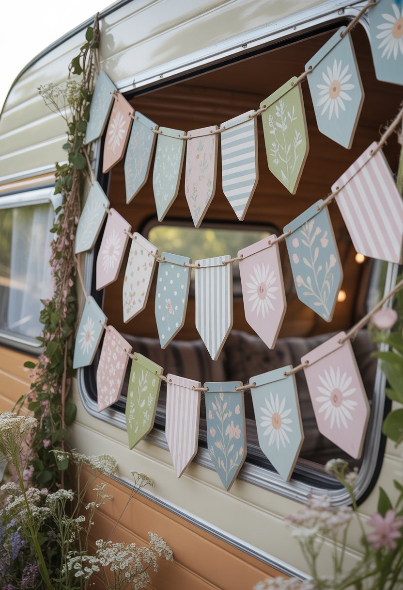Hand-painted wooden pennants strung as bunting and garlands hanging on a vintage camper with flowers and greenery around.