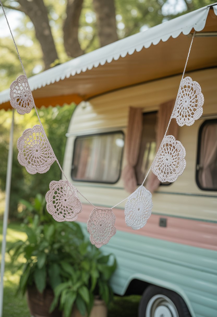 Crocheted doily garland hanging on a vintage camper surrounded by greenery.