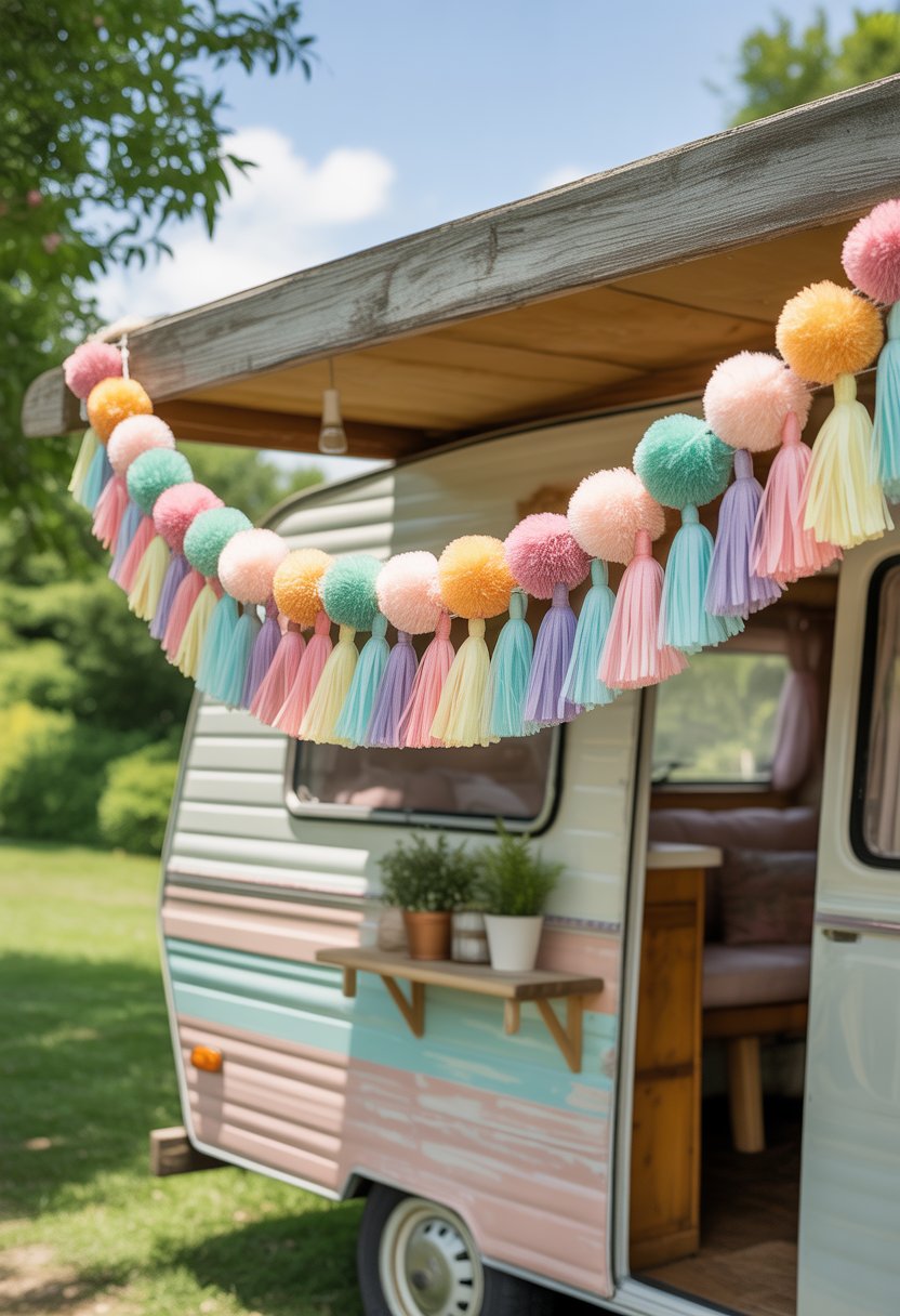 Colorful pom-pom and tassel garland hanging on a vintage camper surrounded by greenery on a sunny day.