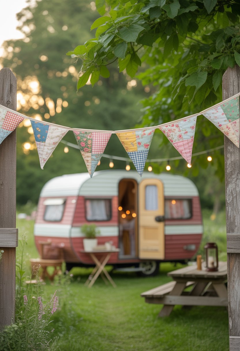 Colorful patchwork quilt flag bunting hanging outdoors near a vintage camper surrounded by trees and flowers.