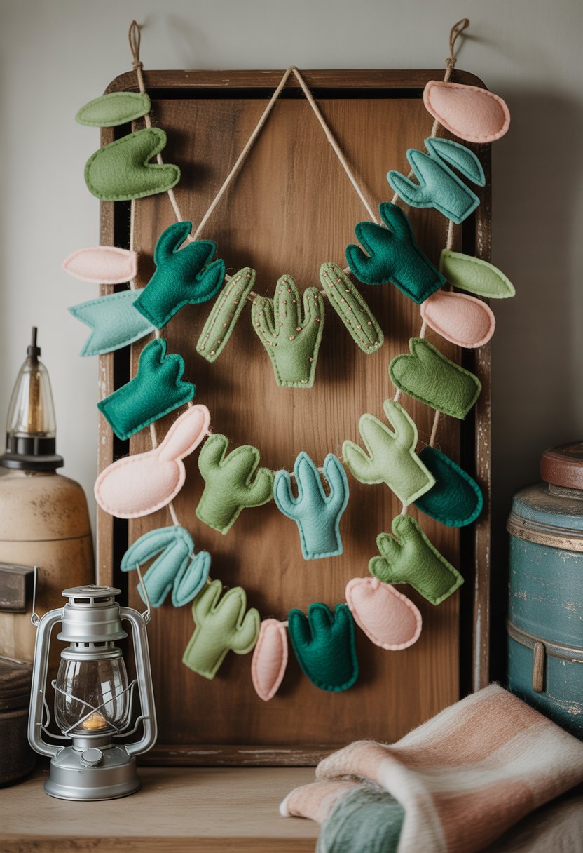 Close-up of a felt cactus and succulent garland hanging on a rustic wooden wall with vintage camping items nearby.