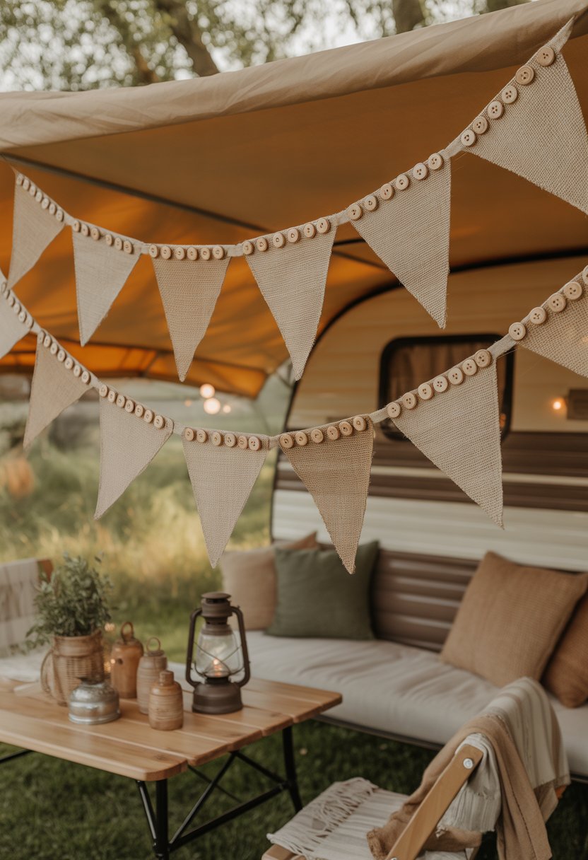 A burlap triangle bunting with wooden buttons hanging outdoors near a camper surrounded by greenery and camping items.