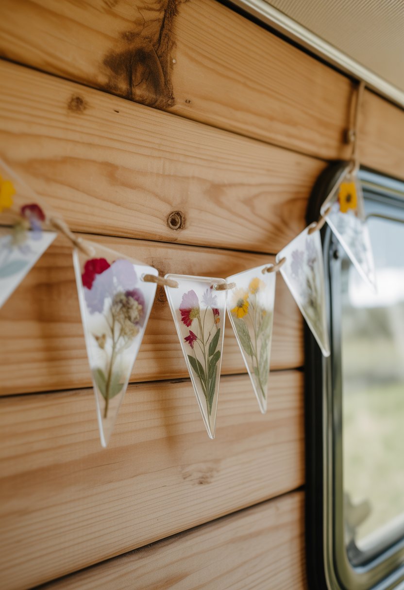 A clear bunting made of pressed flowers hanging against a rustic wooden background.