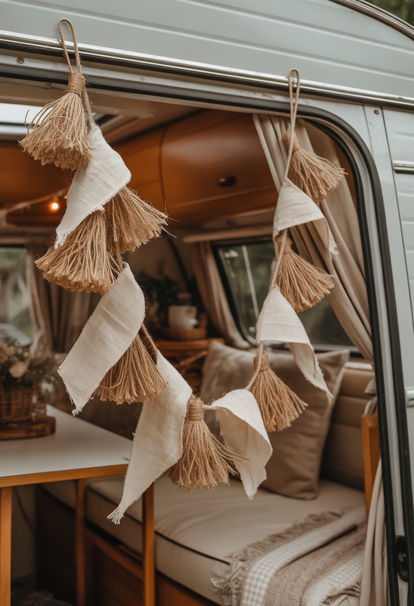A rustic jute and linen garland hanging inside a cozy camper decorated with wooden surfaces and soft textiles.