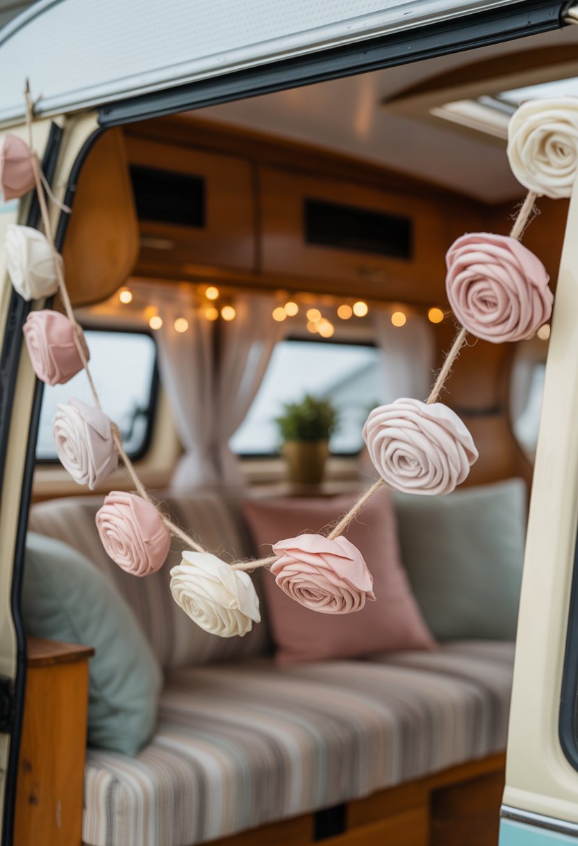 Fabric rose string garland hanging inside a cozy camper with wooden accents and soft natural light.