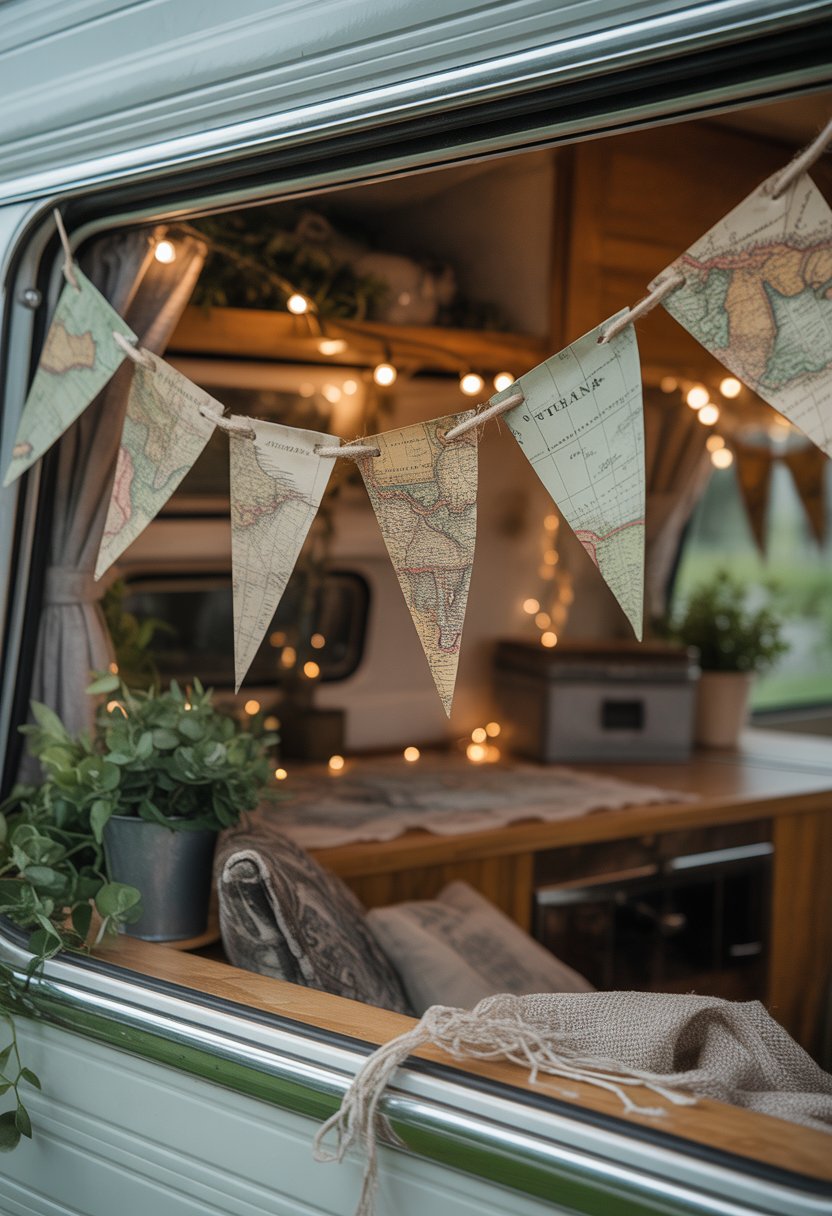 A cozy camper interior decorated with vintage map bunting flags hanging on a string, surrounded by rustic wooden surfaces and soft natural light.