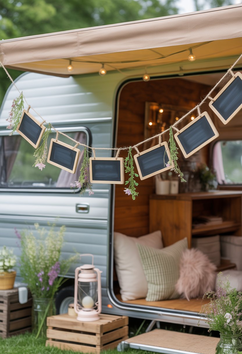 Mini chalkboard sign garland hanging across a rustic camper surrounded by greenery and camping accessories.