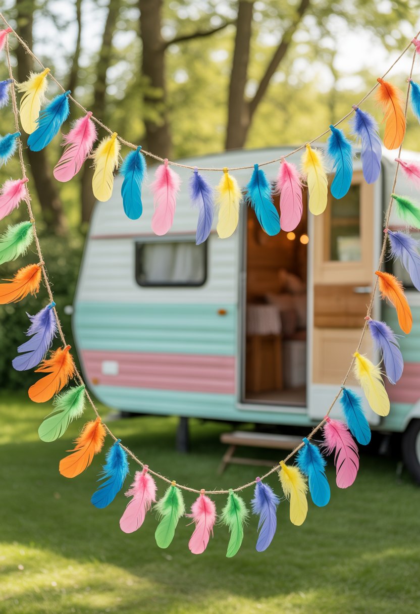 Colorful feather garland hanging outdoors in front of a shabby chic camper surrounded by greenery.