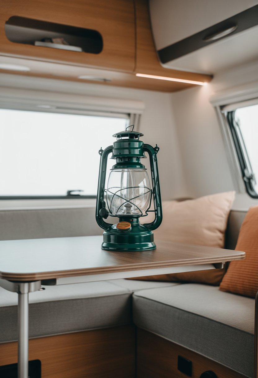 A modern camper interior with a retro Coleman lantern on a wooden table near a seating area.