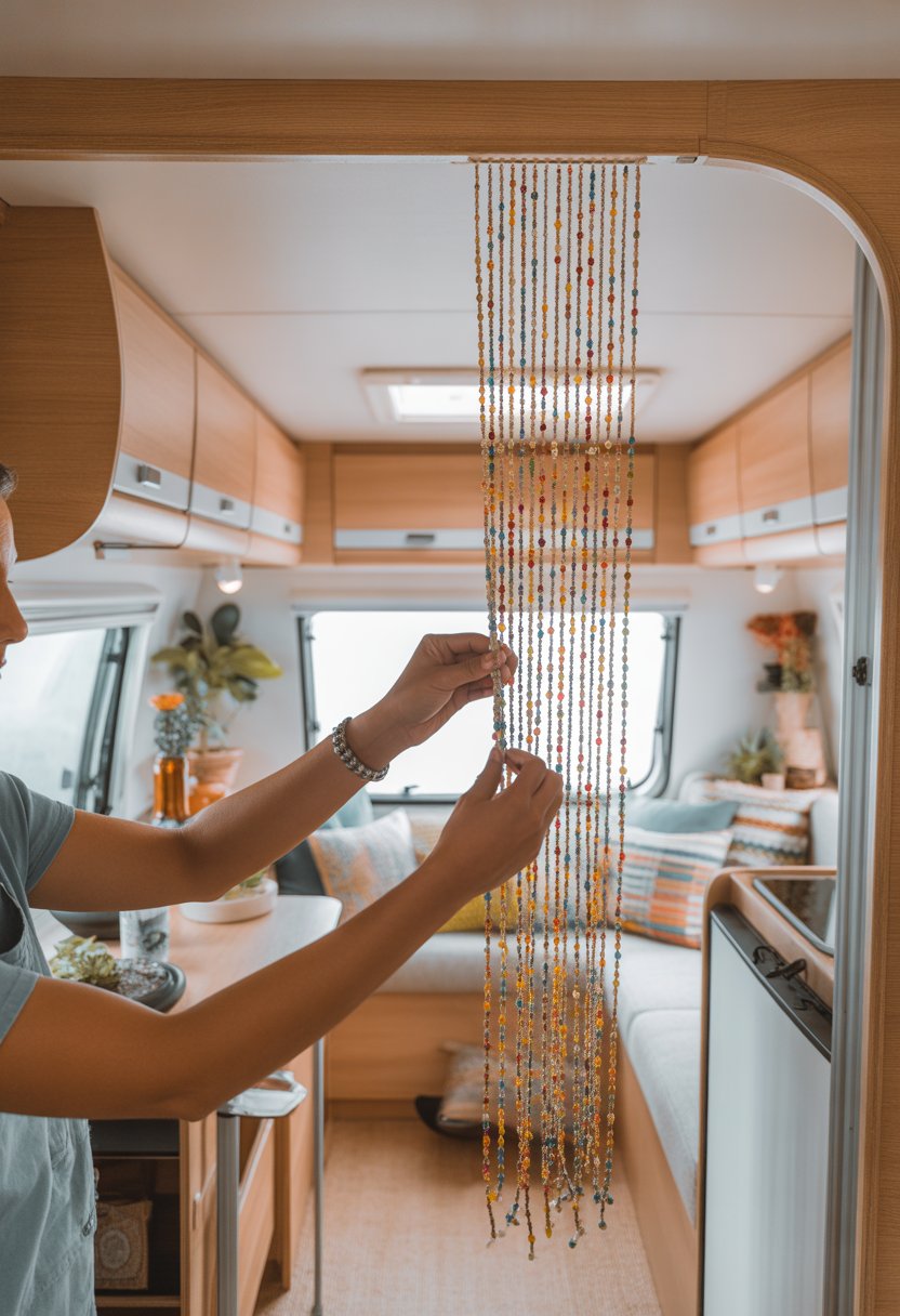Person hanging a colorful beaded curtain in the doorway of a bright, cozy camper interior.