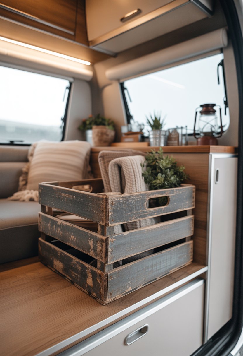 A distressed wooden crate used for storage inside a modern camper with blankets and plants nearby.