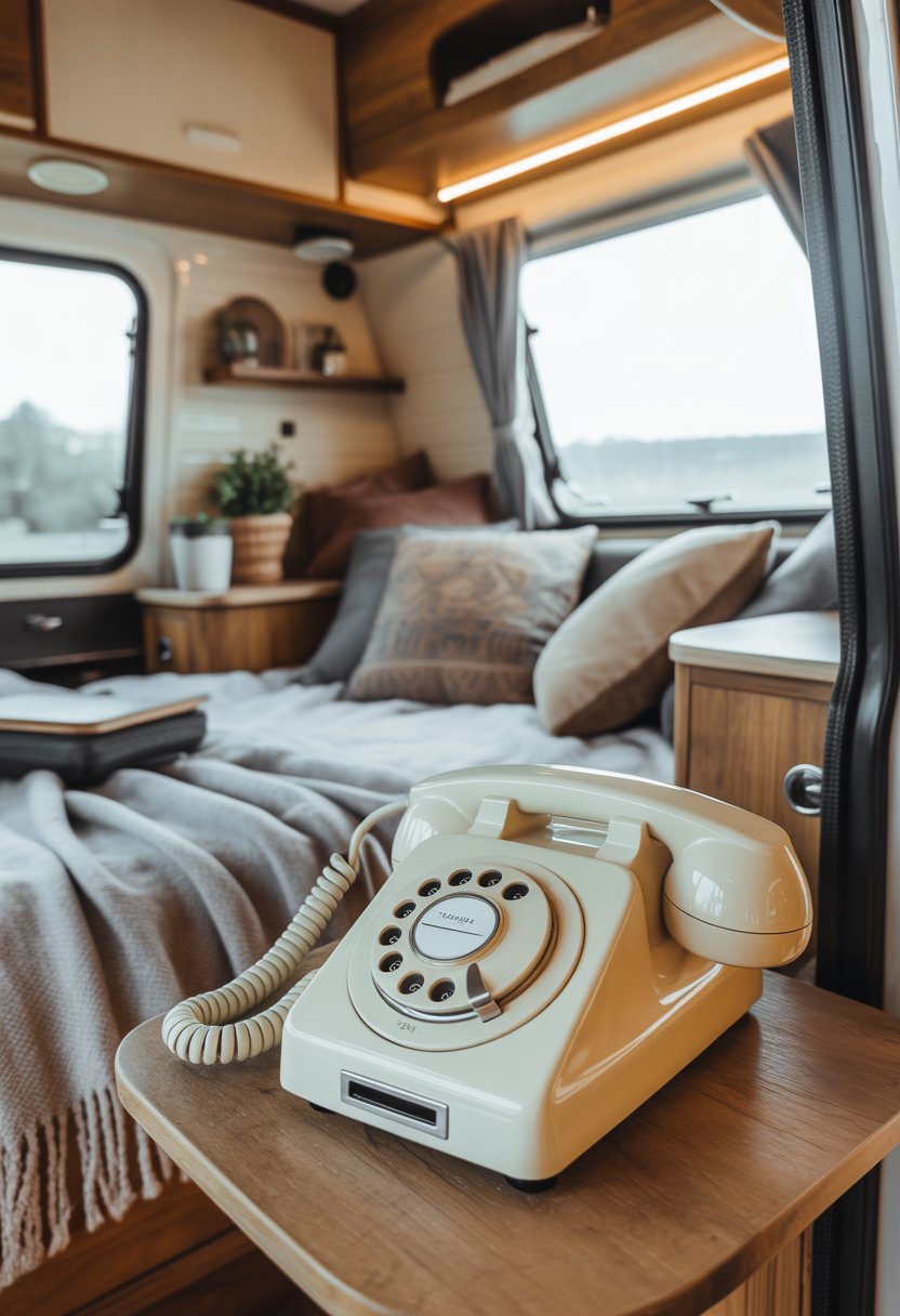 A modern camper interior with a wooden side table holding a vintage rotary dial phone replica, surrounded by cozy furnishings and natural light.