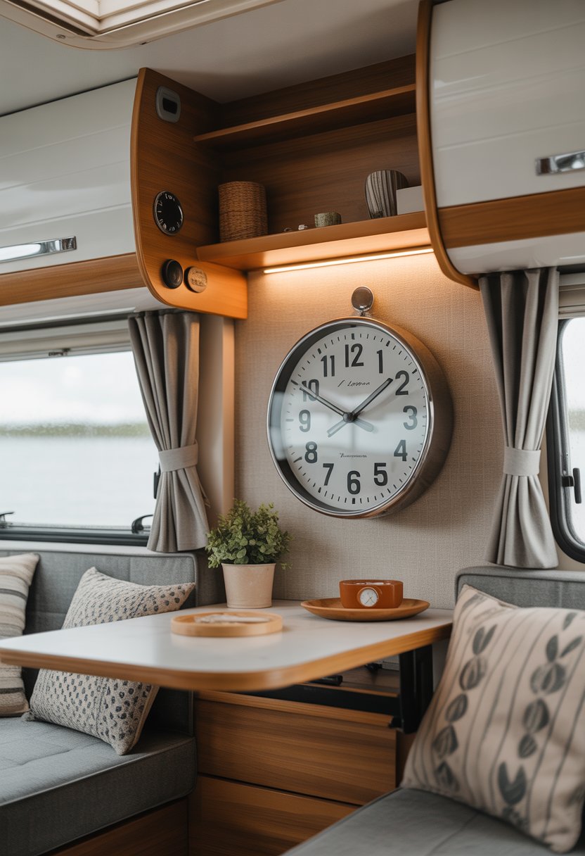 Interior of a modern camper with a retro-style wall clock and cozy seating area.