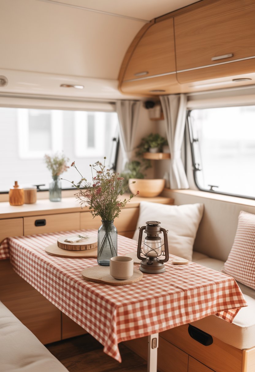 Interior of a camper with a wooden table covered by a red and white gingham tablecloth, decorated with flowers, a coffee cup, and a lantern.