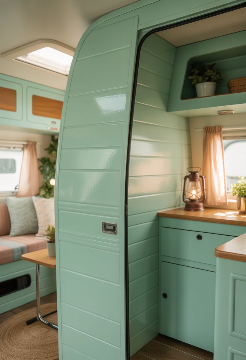 Interior of a camper with pastel mint green painted walls, wooden cabinets, potted plants, and cozy seating.