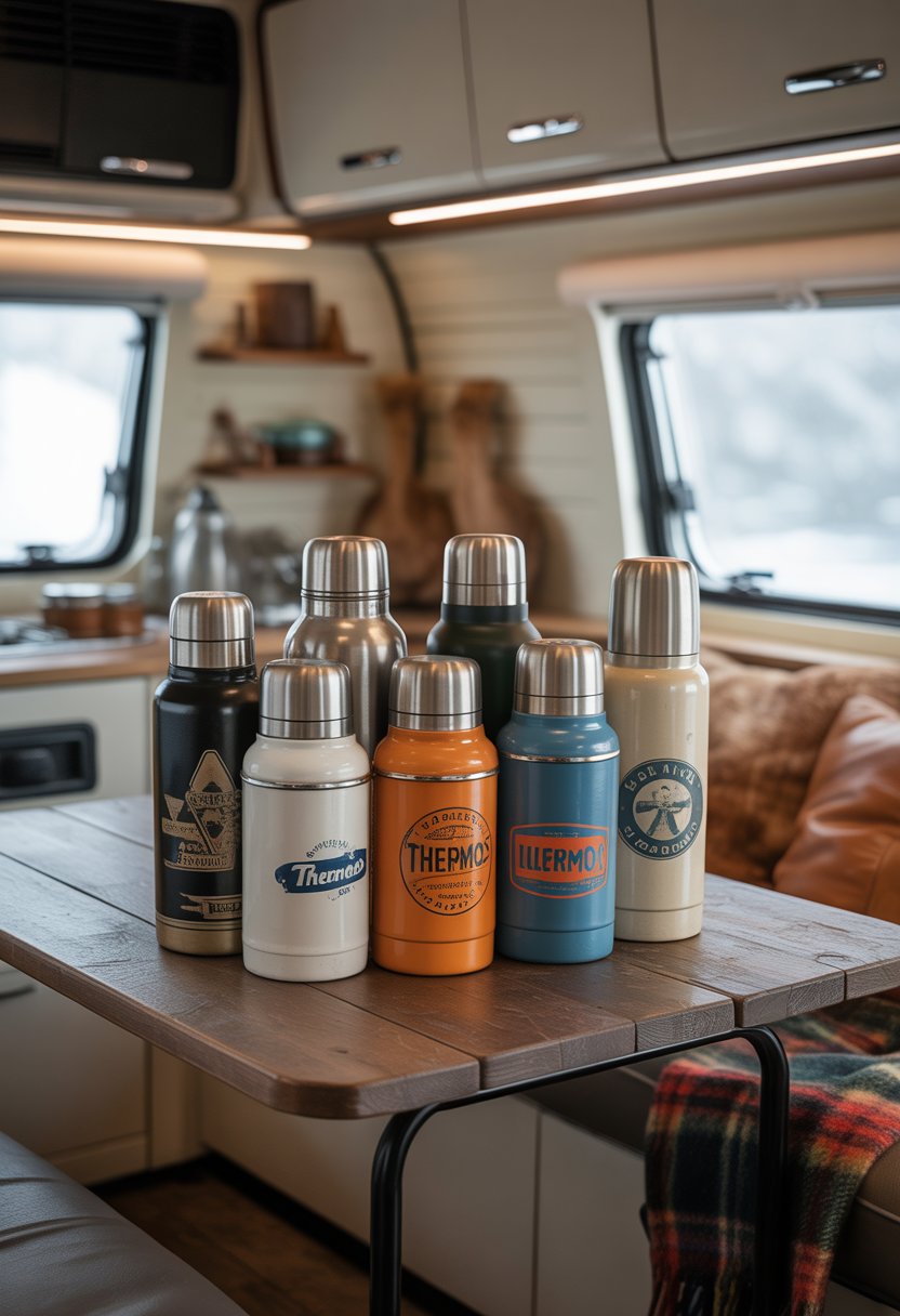 A collection of vintage thermos bottles displayed on a wooden table inside a camper with modern interior elements visible in the background.