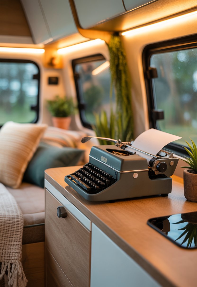 A modern camper interior with a classic typewriter displayed on a wooden shelf surrounded by cushions, plants, and warm lighting.